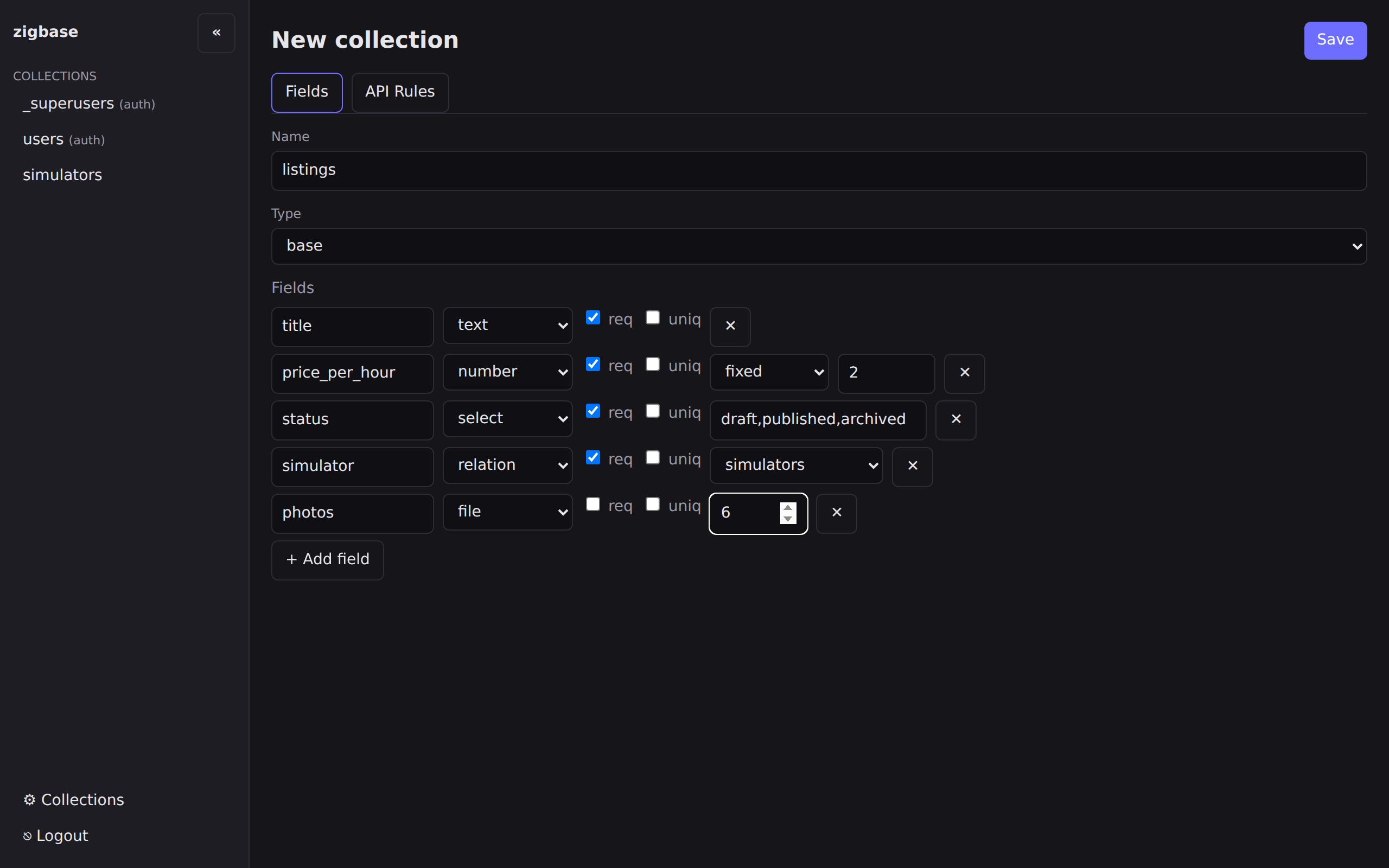 The schema editor with the five listings fields configured