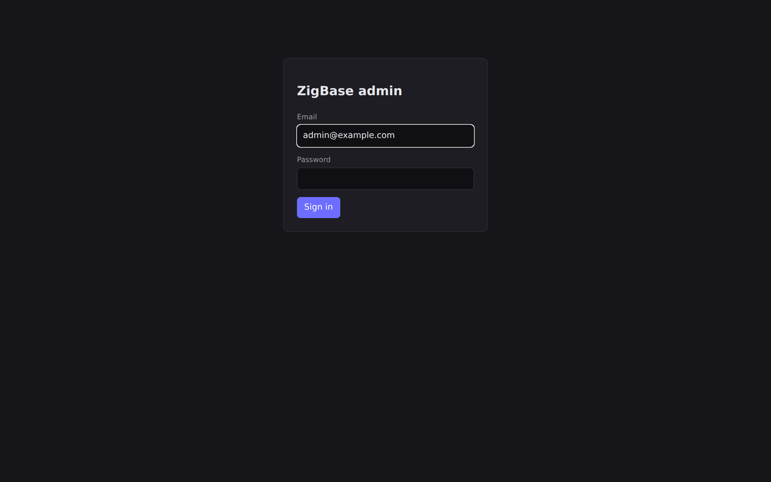 The admin login screen at /_/#/login