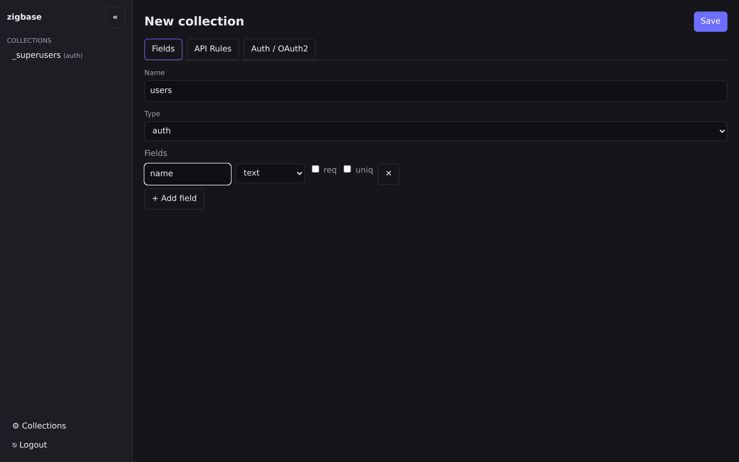 The schema editor creating the users auth collection with a name text field
