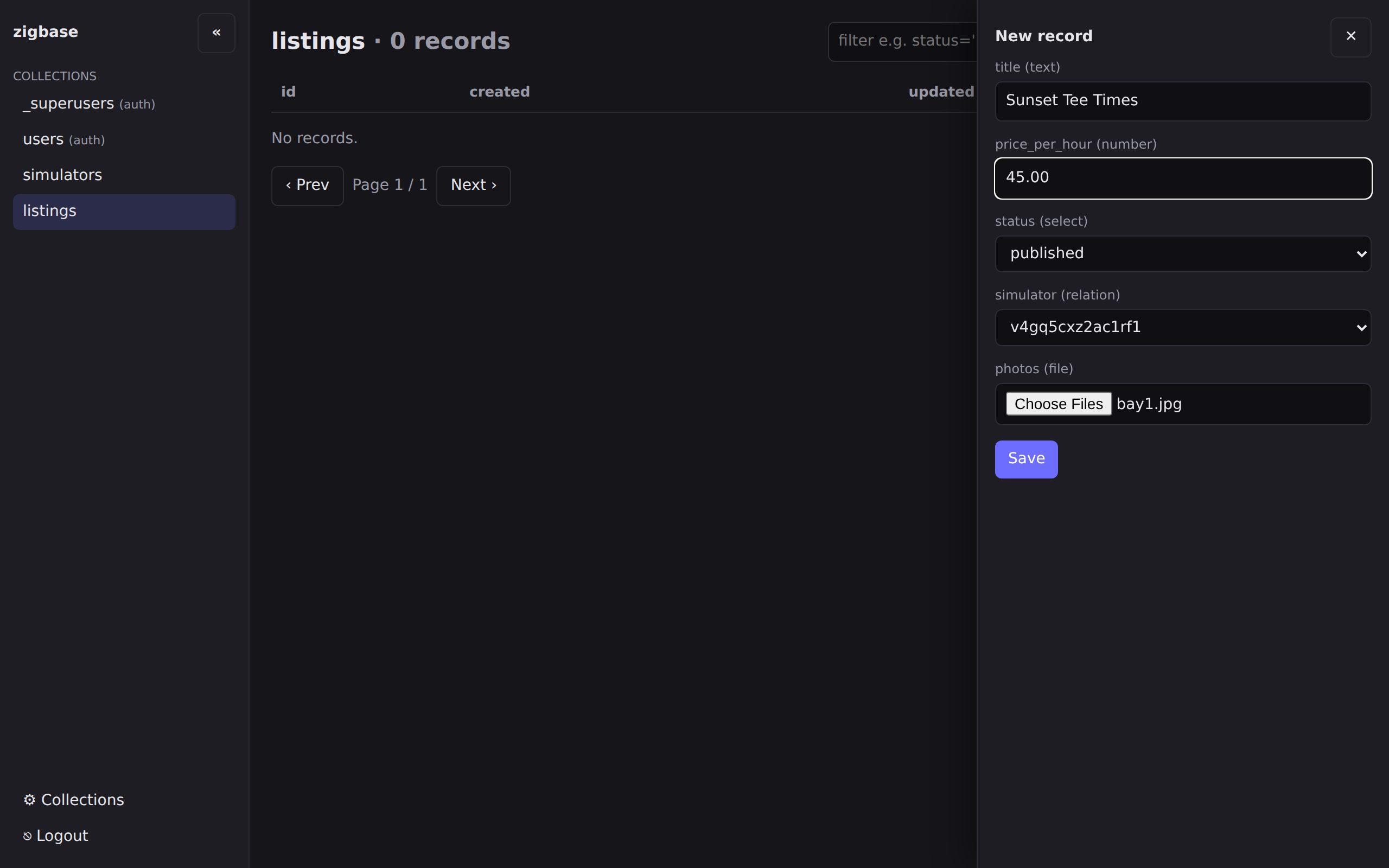 The new-listing record drawer with all fields filled and a photo chosen