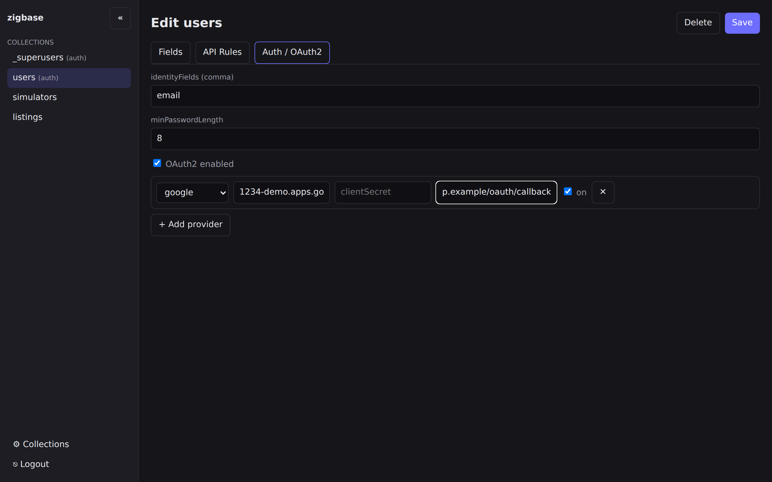 The users collection's Auth / OAuth2 tab with a configured google provider