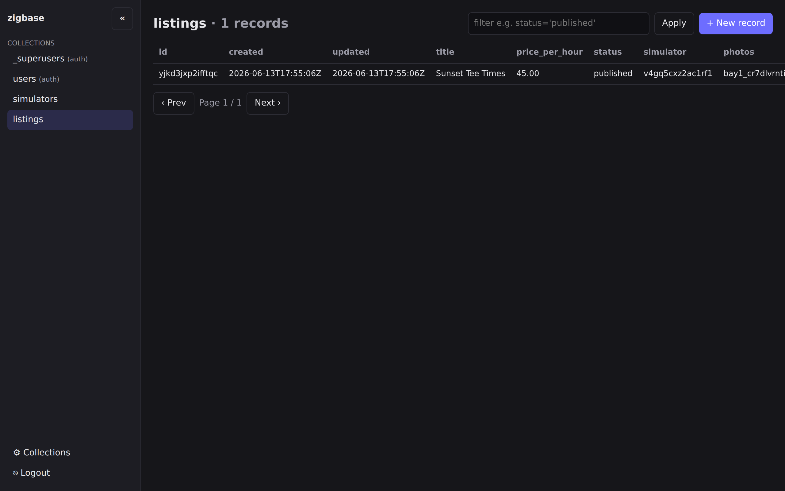 The listings records table with the saved Sunset Tee Times row and its photo filename