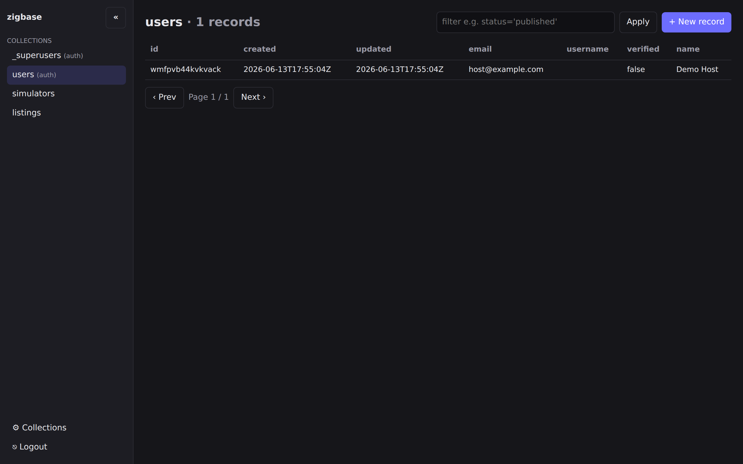 The users records table showing the Demo Host row
