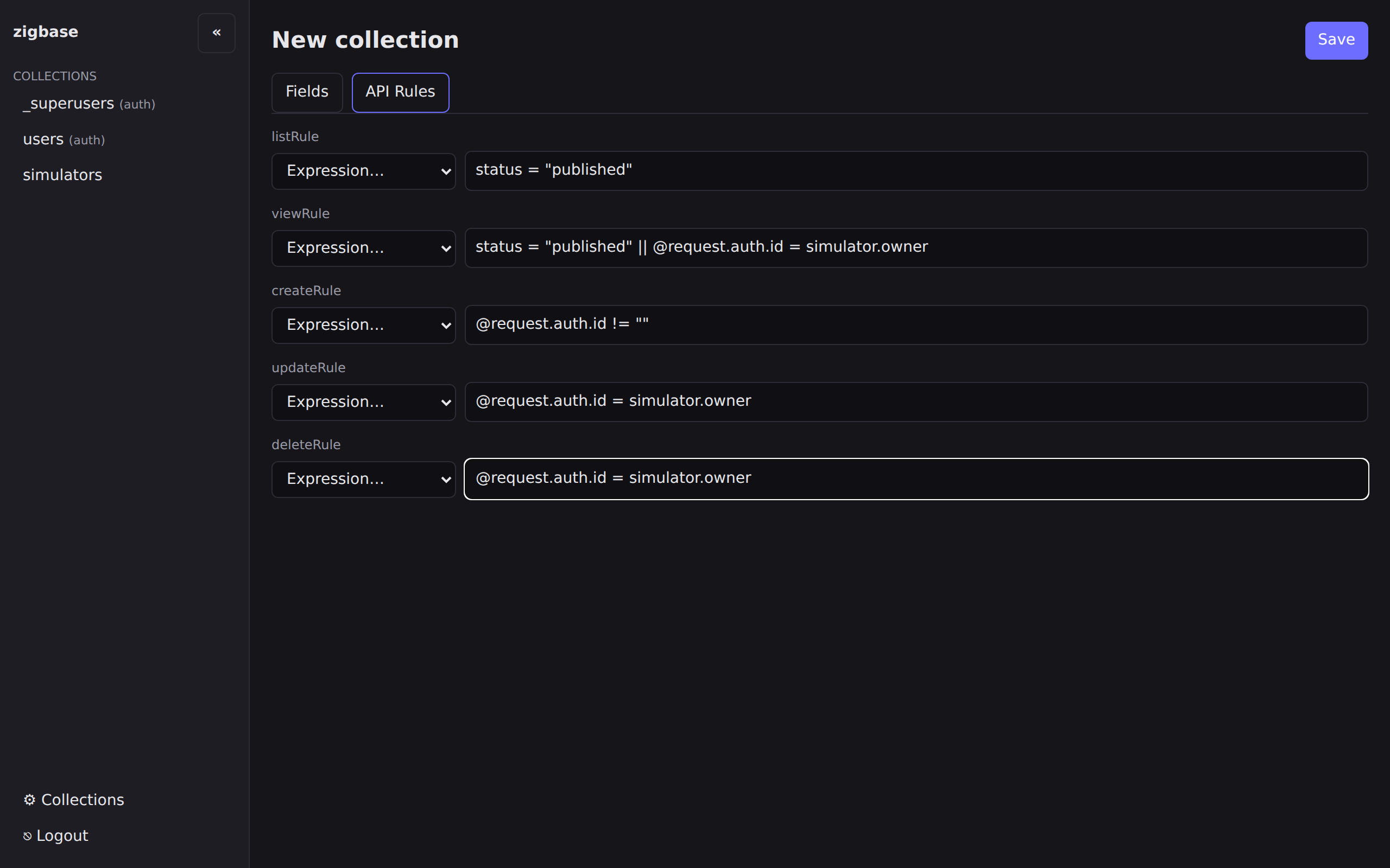 The listings API Rules tab with the five owner-scoped rules filled in