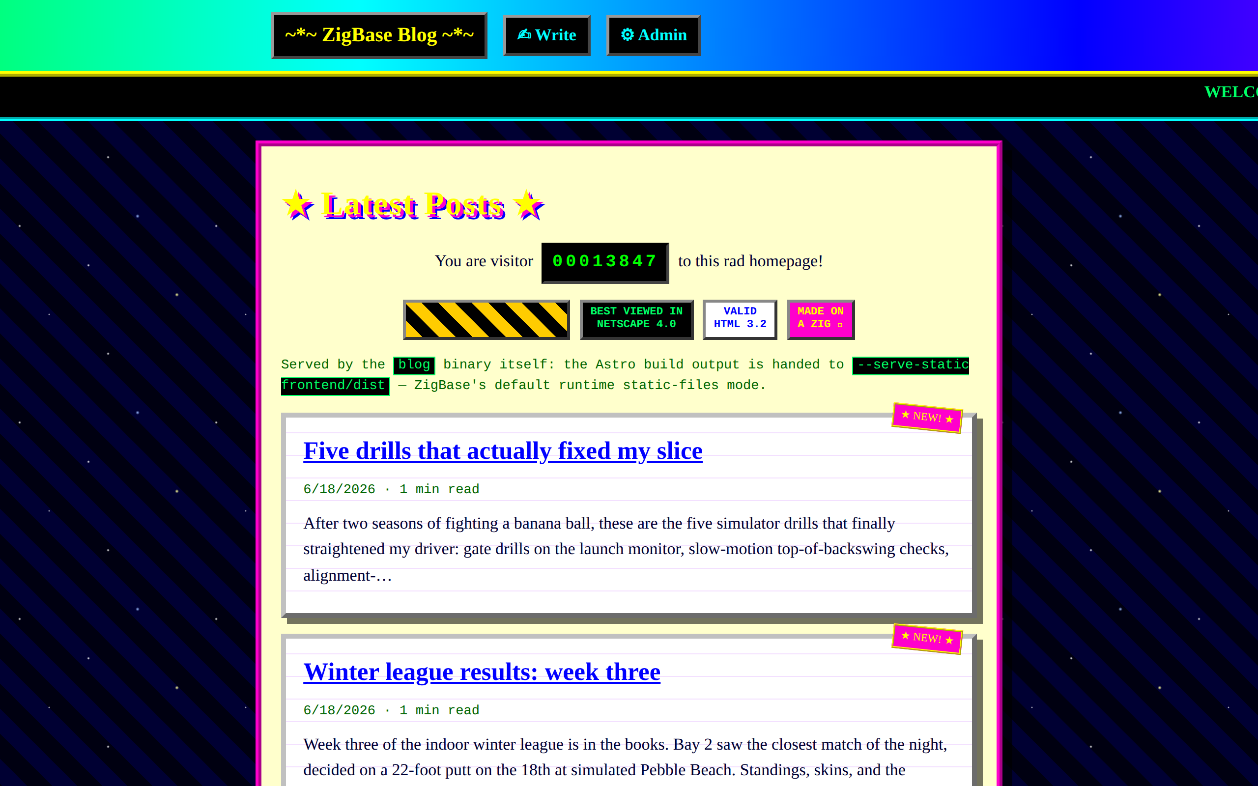 The blog example's home page: a dark-themed 'Latest posts' list of post cards