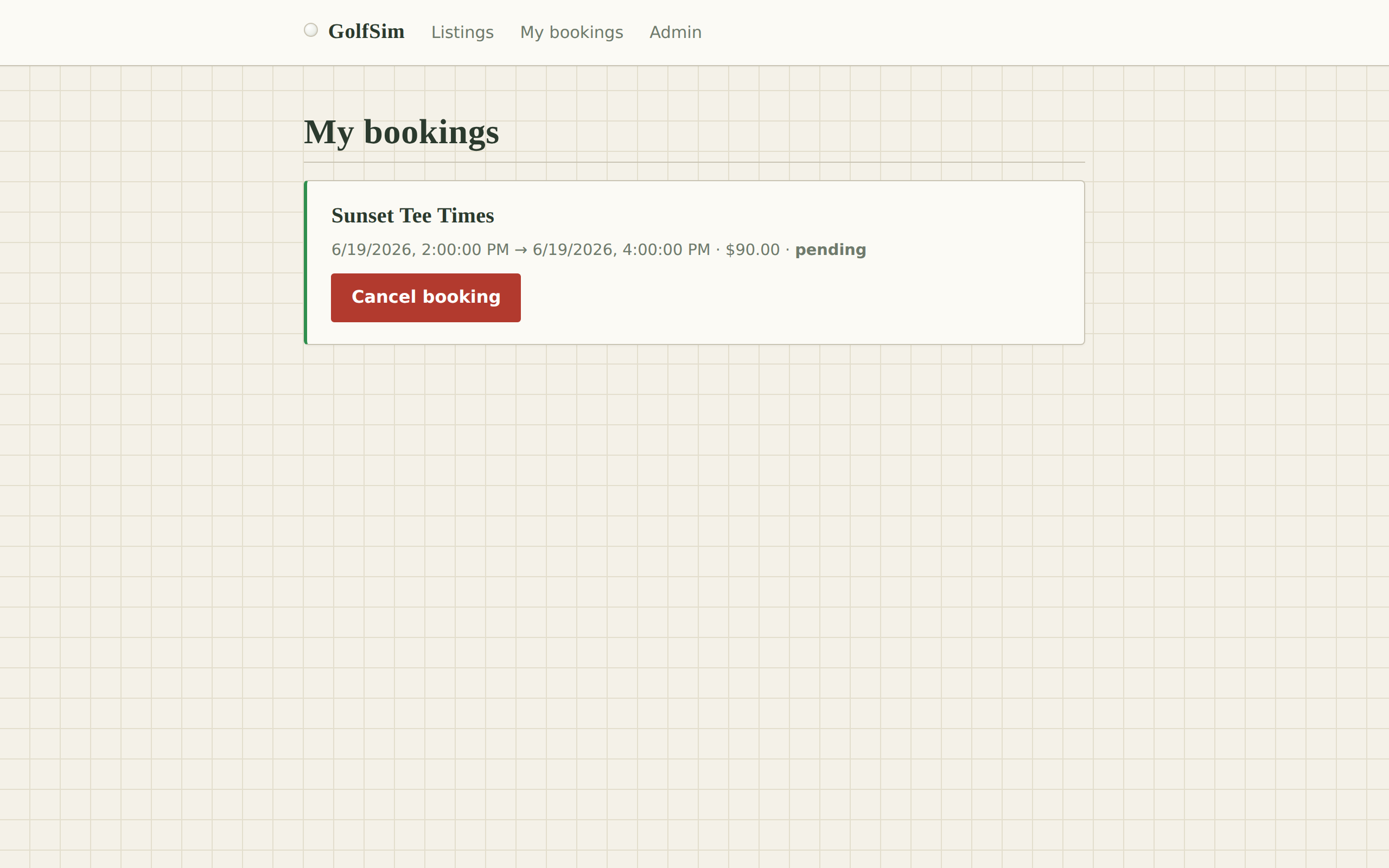 The golfsim example's 'My bookings' page: a 'Sunset Tee Times' booking card showing the booked time range, the hook-computed $90.00 price total, a 'pending' status, and a 'Confirm (custom route)' button that hits POST /api/bookings/:id/confirm