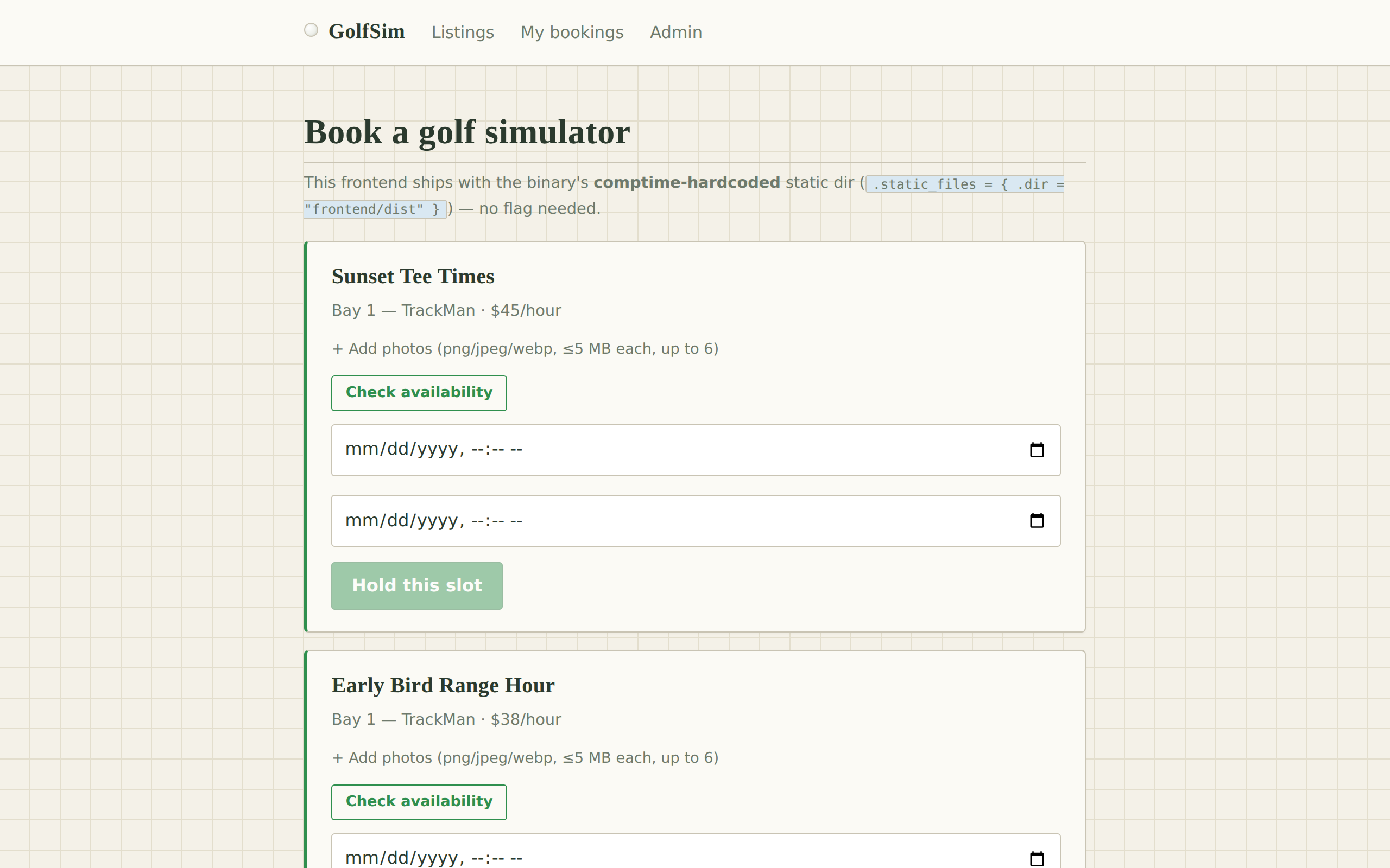 Golf simulator booking example with listings and reservation controls
