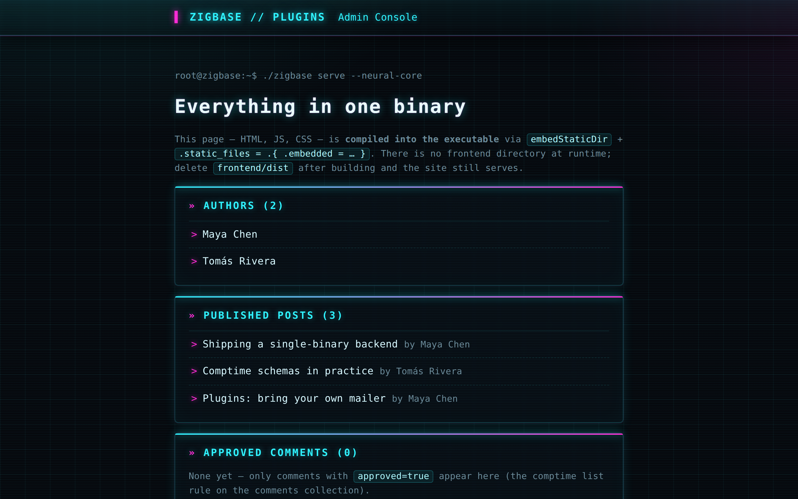 The plugins example's embedded frontend: Authors and Published posts panels served from assets compiled into the binary
